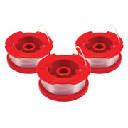 Photo of three Craftsman replacement trimmer line spools, red plastic housing, visible clear line, CMZST0653, front angle.