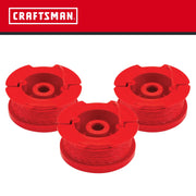 Photo of Craftsman CMZST0803 graphics, three red trimmer line spools on white background.