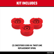 Photo of three Craftsman replacement spools for string trimmer, red, model CMZST0803, shown on white background.