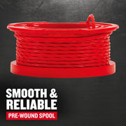 Photo of Craftsman red pre-wound spool CMZST0803 for string trimmers, side angle on black background.